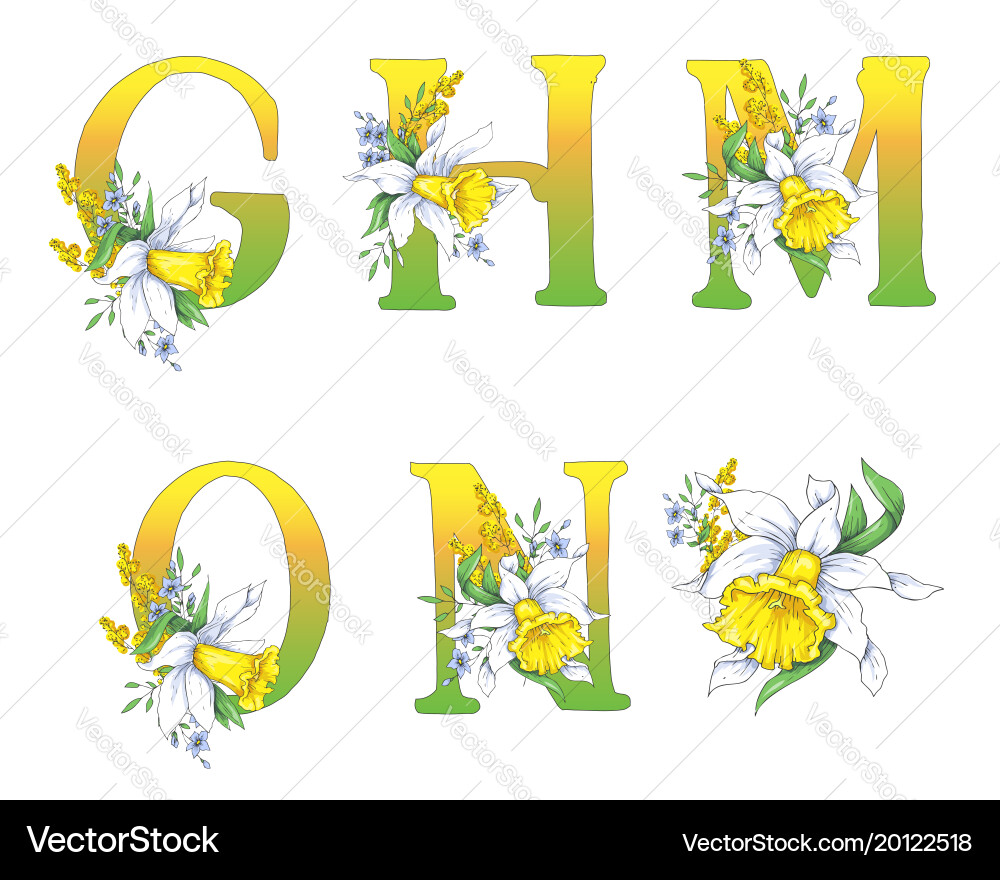Spring bright letters with daffodils and forget-me vector image