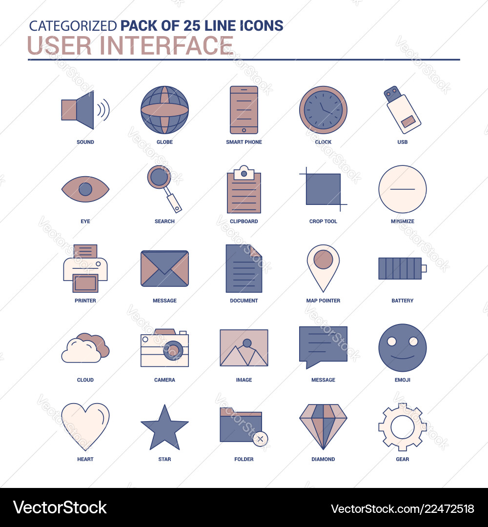Vintage user interface icon set - 25 flat line Vintage user interface icon set - 25 flat line vector image