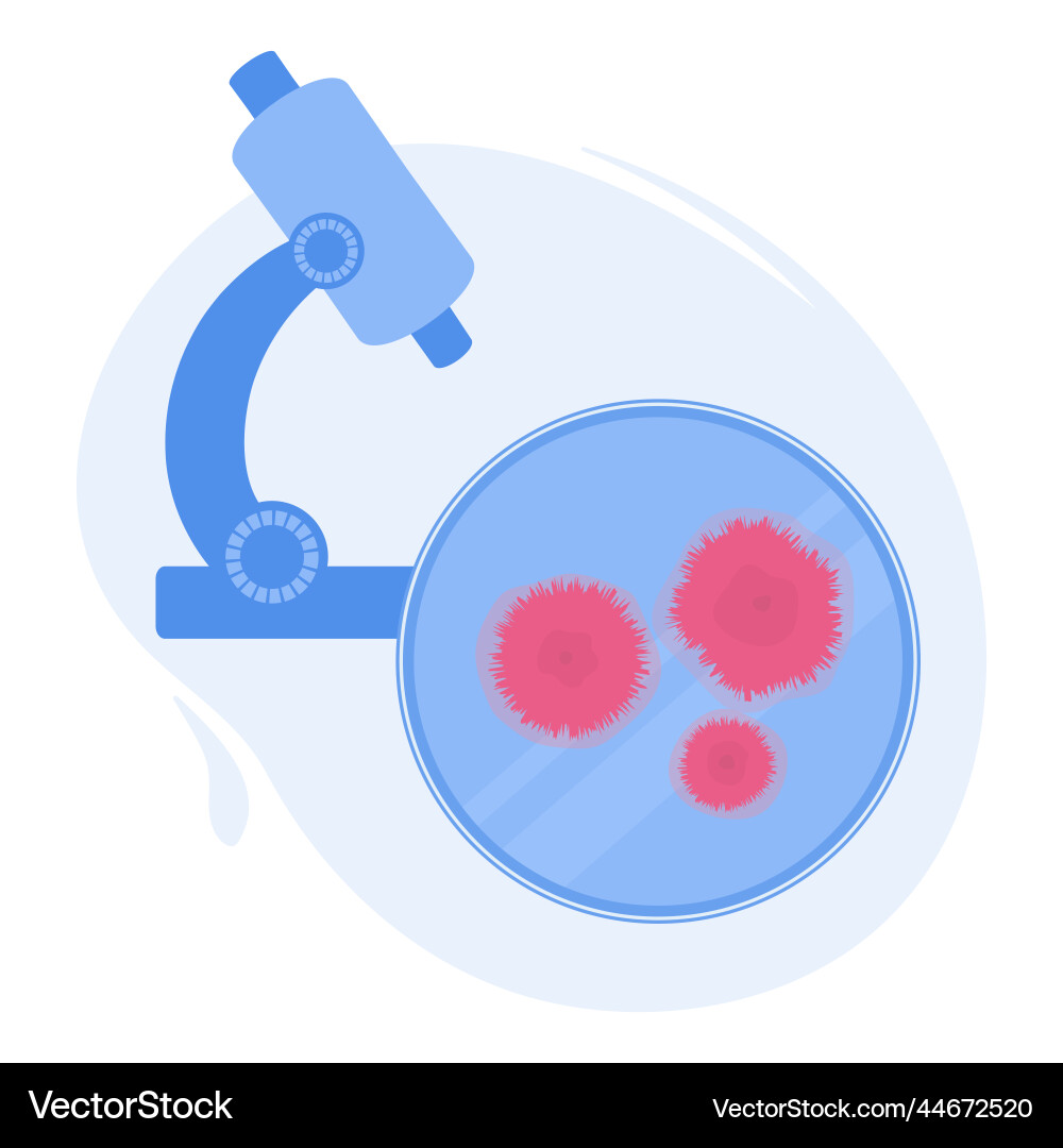 Fungi spores growth in petri dish under microscope Fungi spores growth in petri dish under microscope vector image