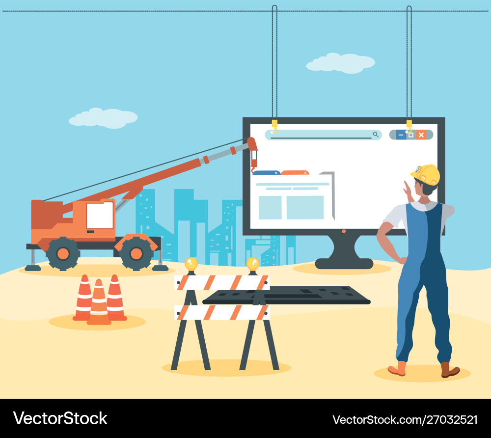 Builders and desktop with webpage under vector image