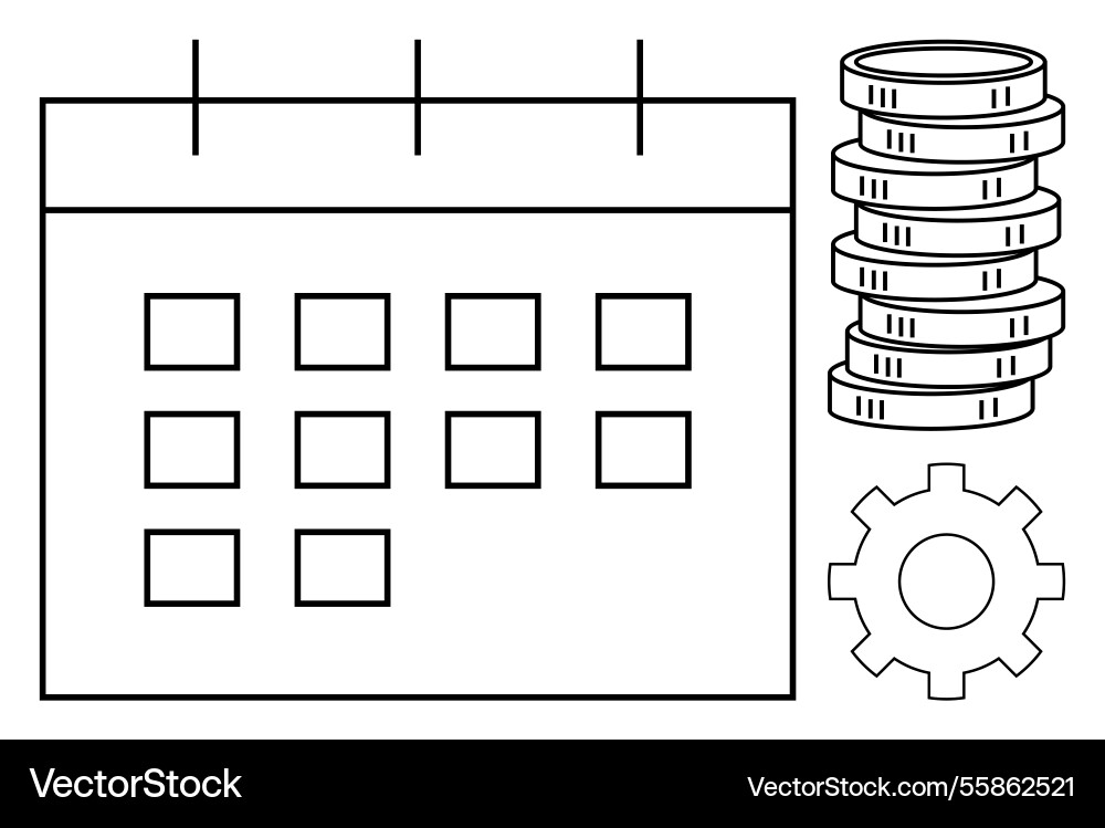 Calendar and coin stack with gear representing Calendar and coin stack with gear representing Vector Image