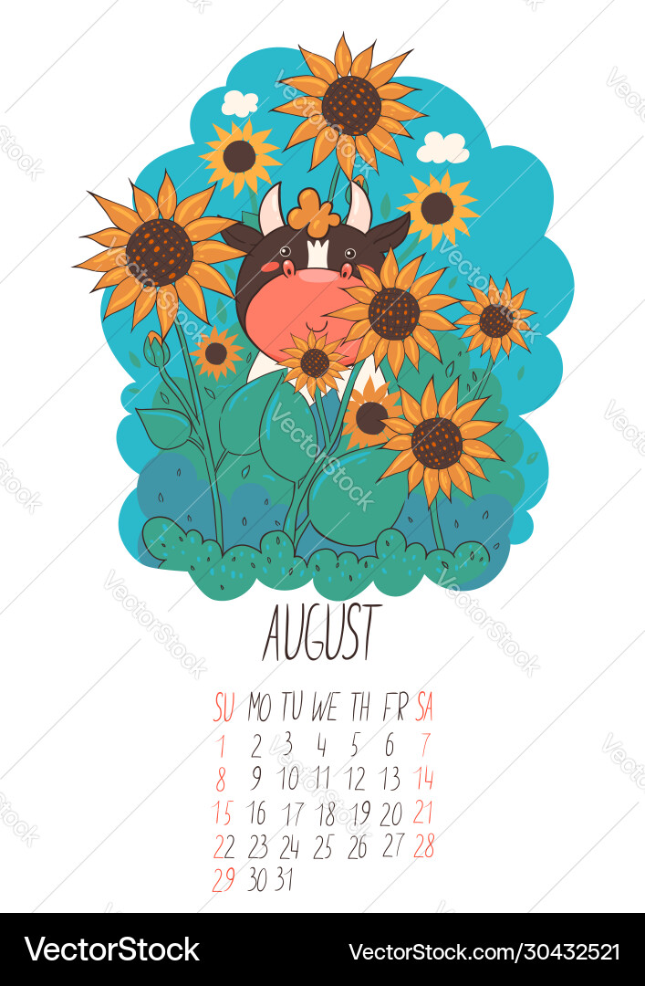 Calendar for august 2021 cute bull Calendar for august 2021 cute bull vector image