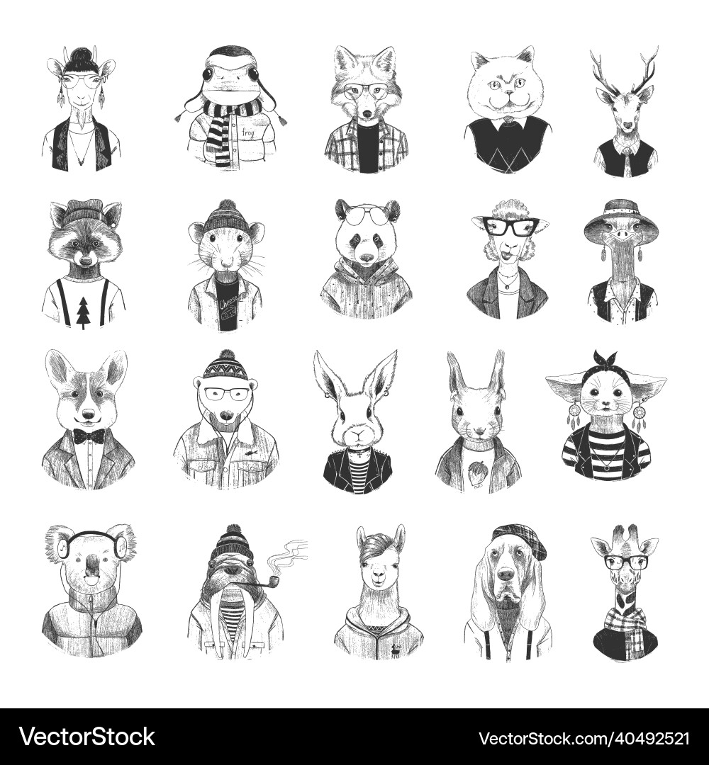 Funny animals in art ink style Funny animals in art ink style vector image