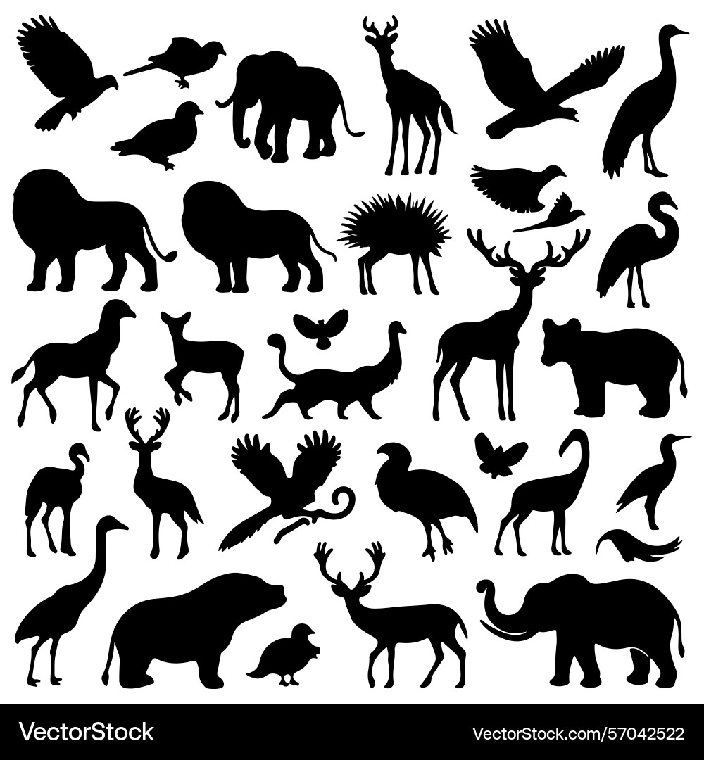 Collection of animal silhouettes birds and mammals Vector Image