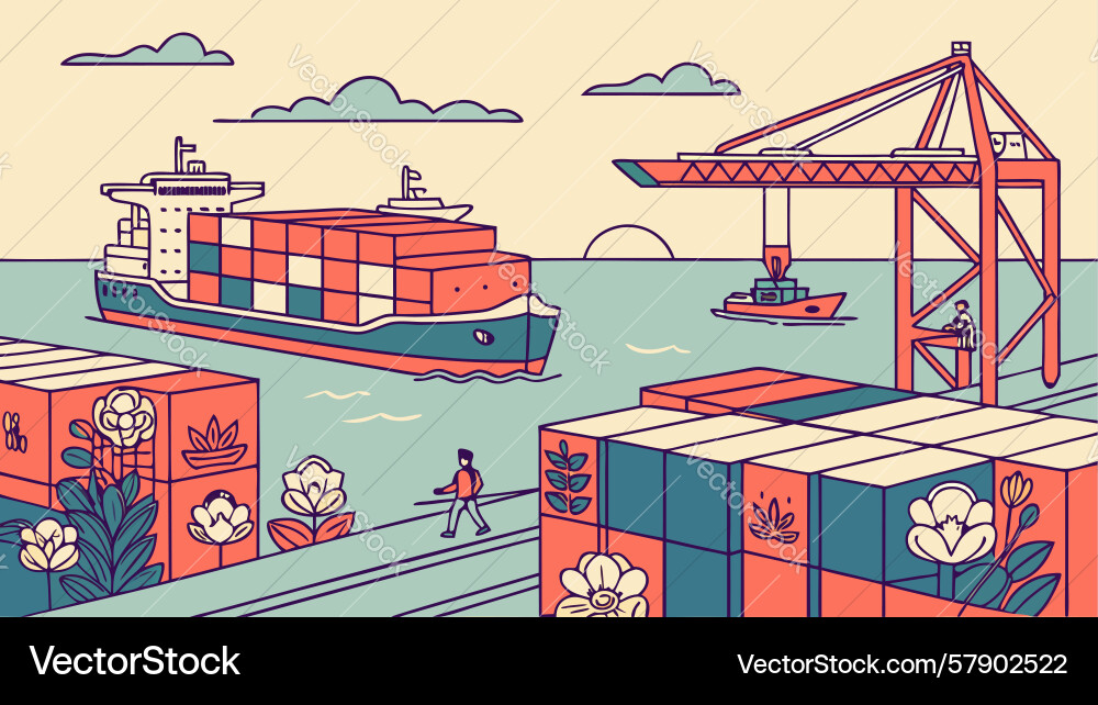 Dynamic container port scene with cargo ships Vector Image