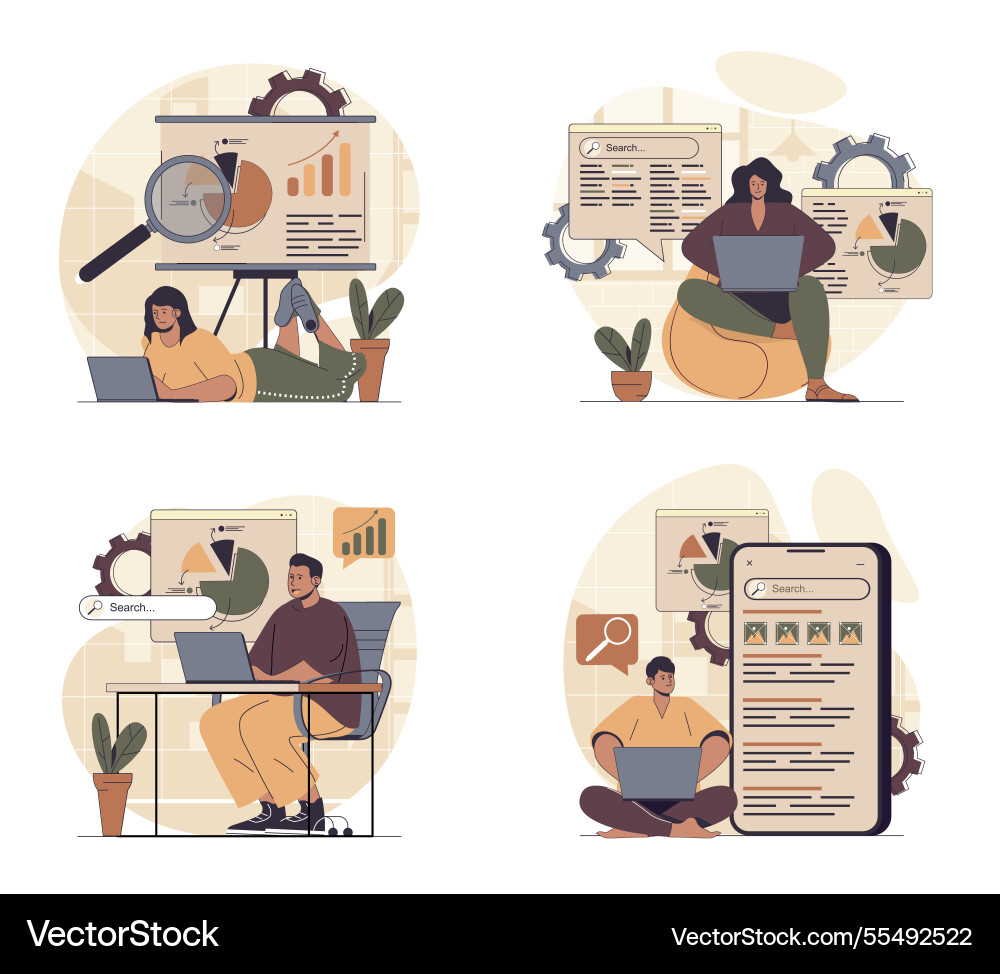 Seo analysis concept scenes set in flat web design Seo analysis concept scenes set in flat web design vector image