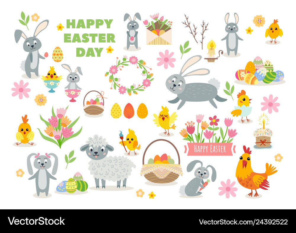 Set of easter cartoon characters and design Set of easter cartoon characters and design vector image