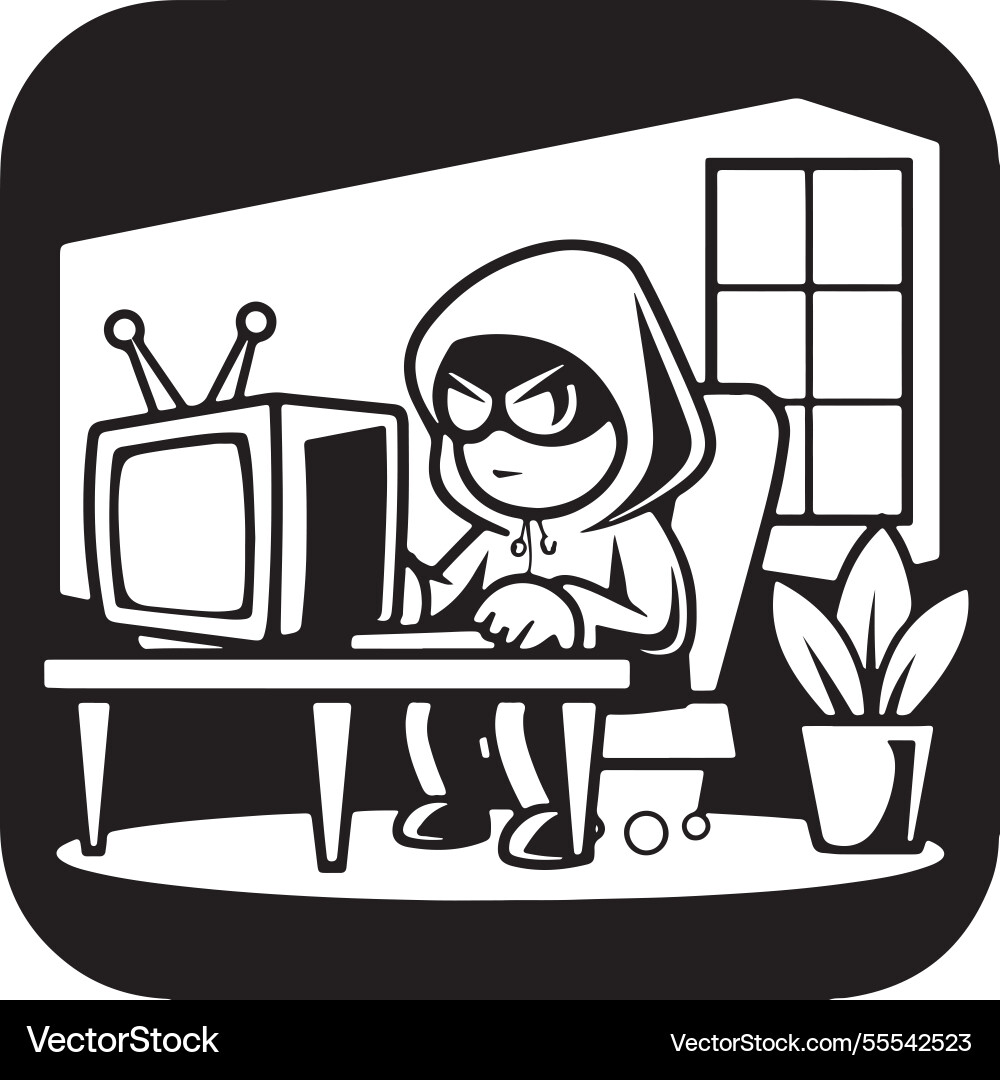 Cartoon hacker with computer in dark room Cartoon hacker with computer in dark room vector image