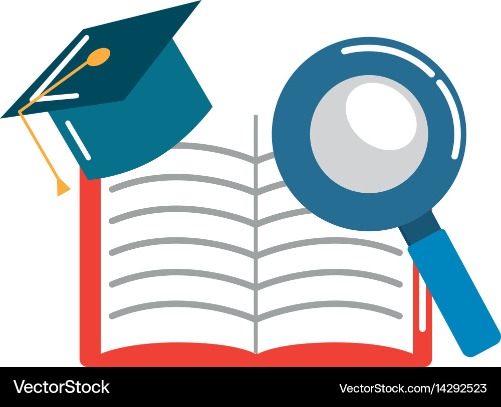 Open notebook with graduation cap and magnifying vector image