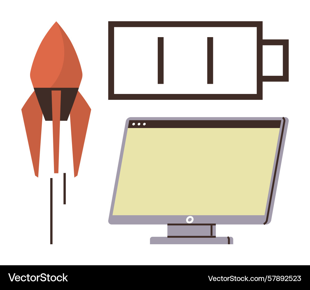 Rocket launch low battery and computer screen vector image