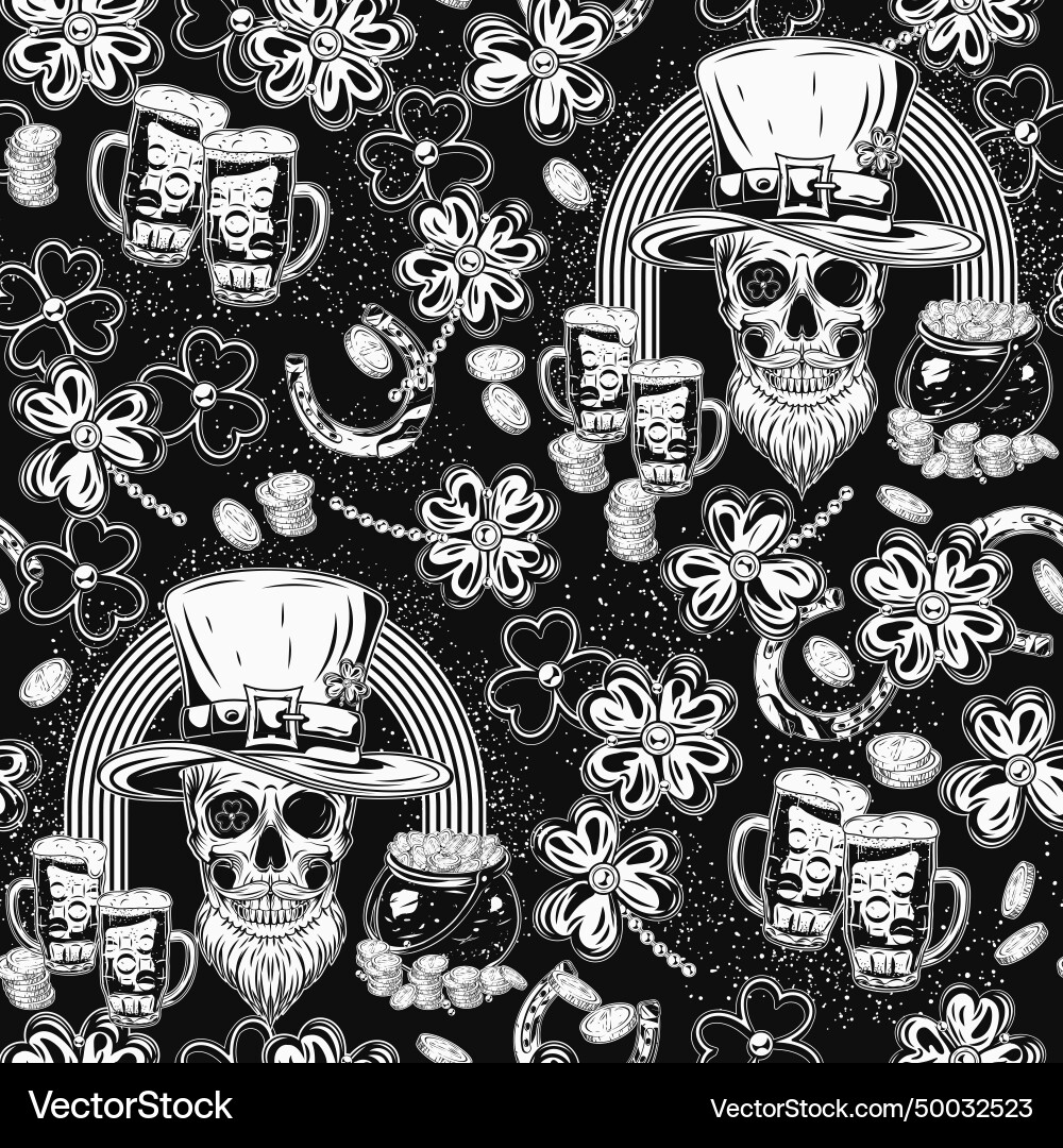 St Patricks Day Pattern With Shamrock Leaves Skull