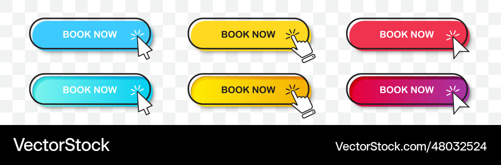 Book now buttons collection with cursor pointer vector image