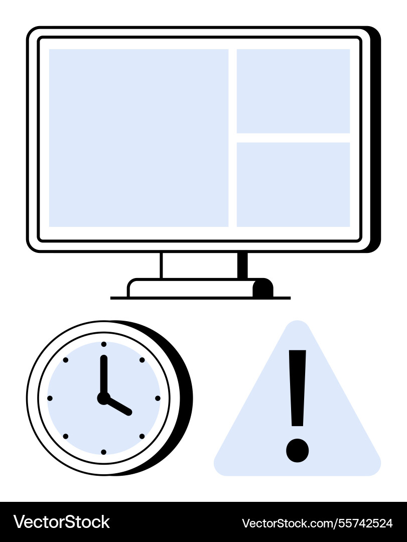 Computer screen with time clock and warning sign vector image