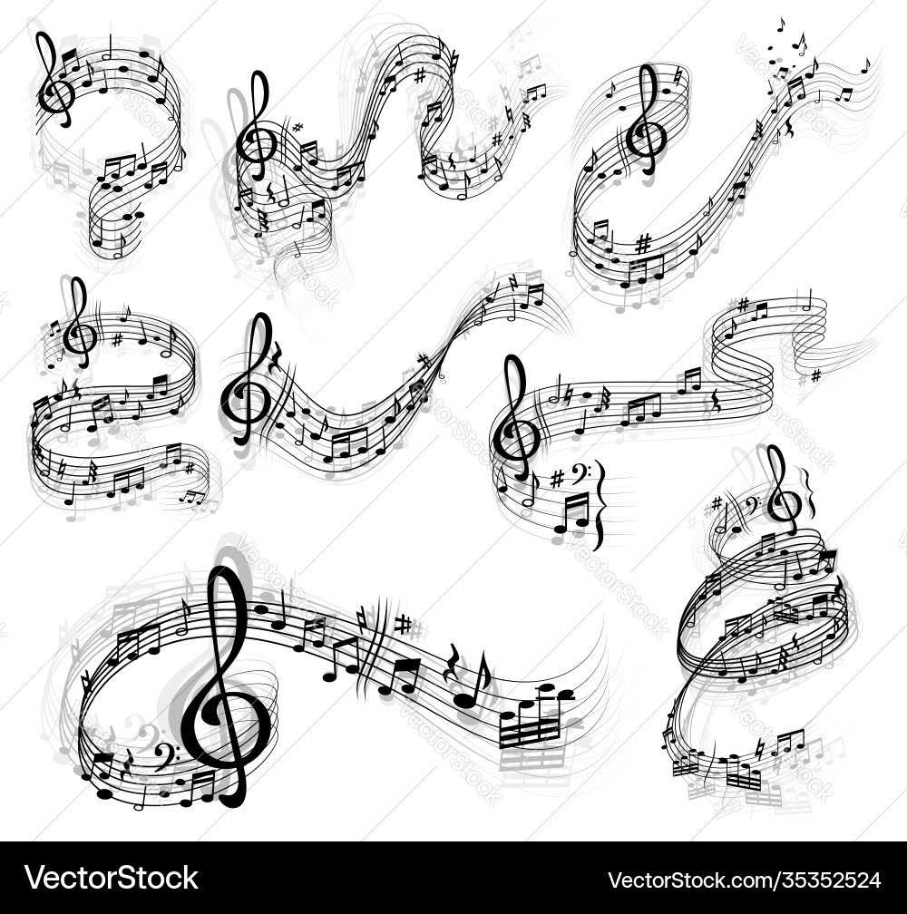 Music notes swirls staff stave treble clefs Music notes swirls staff stave treble clefs vector image