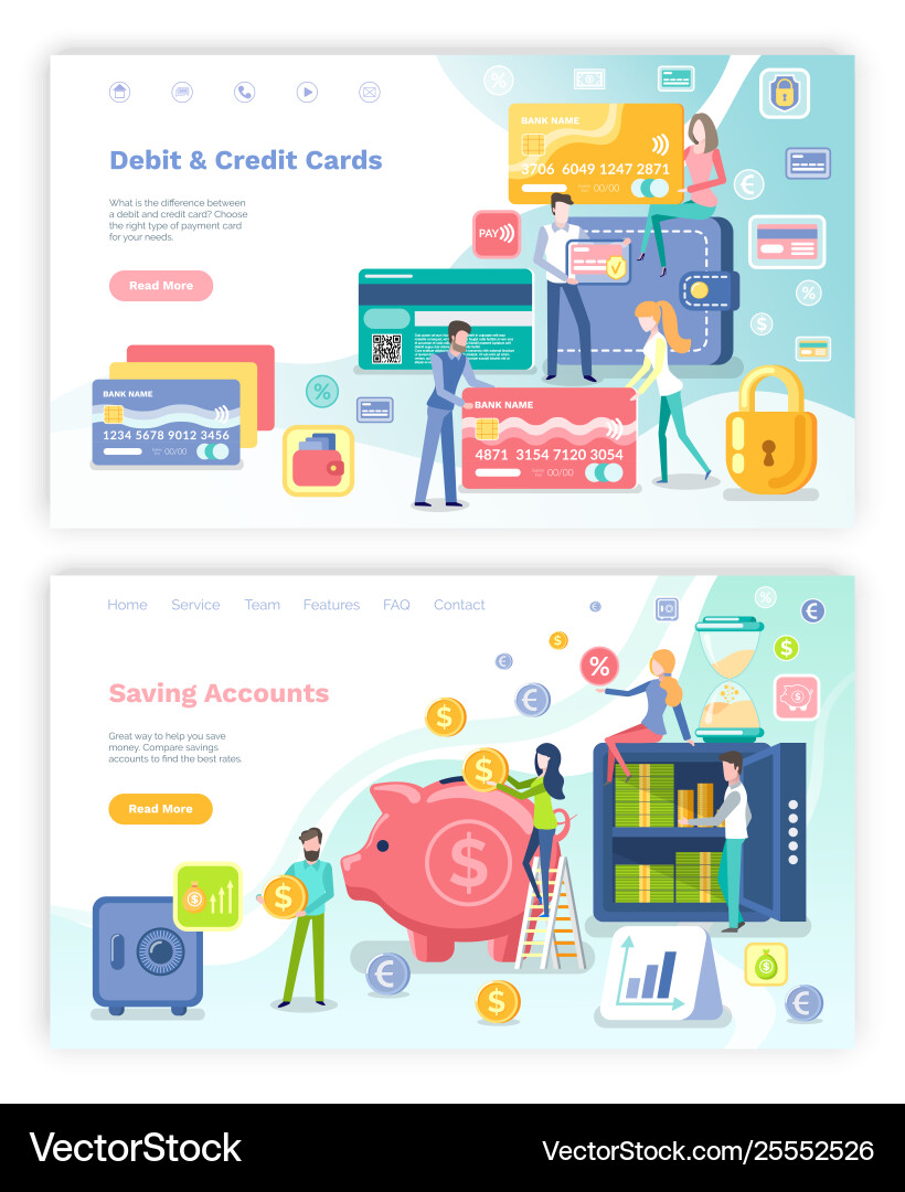 Debit and credit card saving accounts web set Vector Image