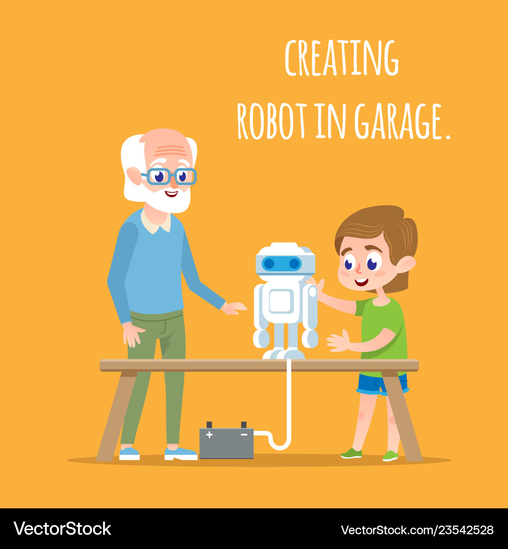 Creating robot in garage with family tech sciense Creating robot in garage with family tech sciense vector image