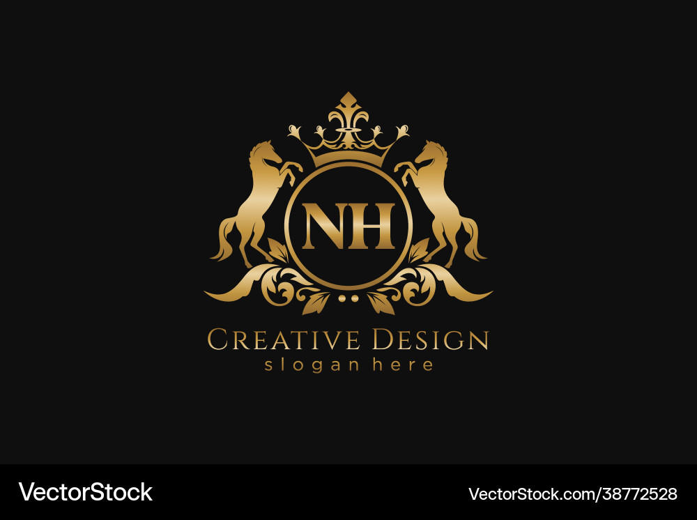 Initial nh retro golden crest with circle and two vector image