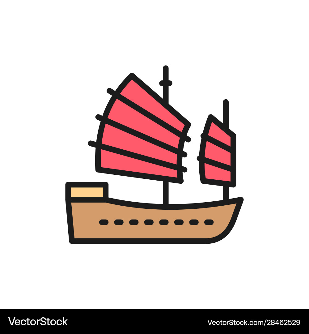 Asian junk boat hong kong ship flat color line Asian junk boat hong kong ship flat color line vector image