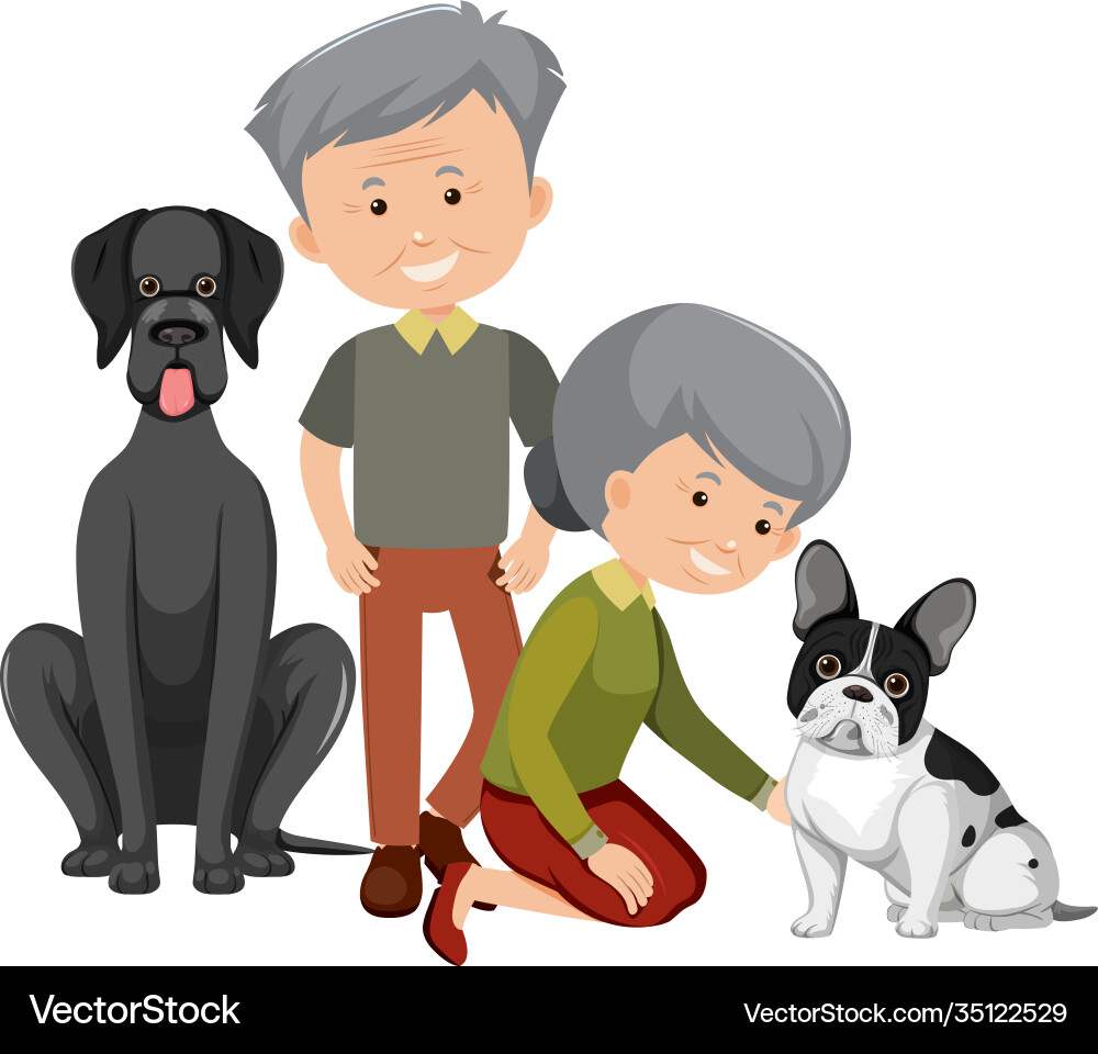 Old couple with their dogs on white background Old couple with their dogs on white background vector image