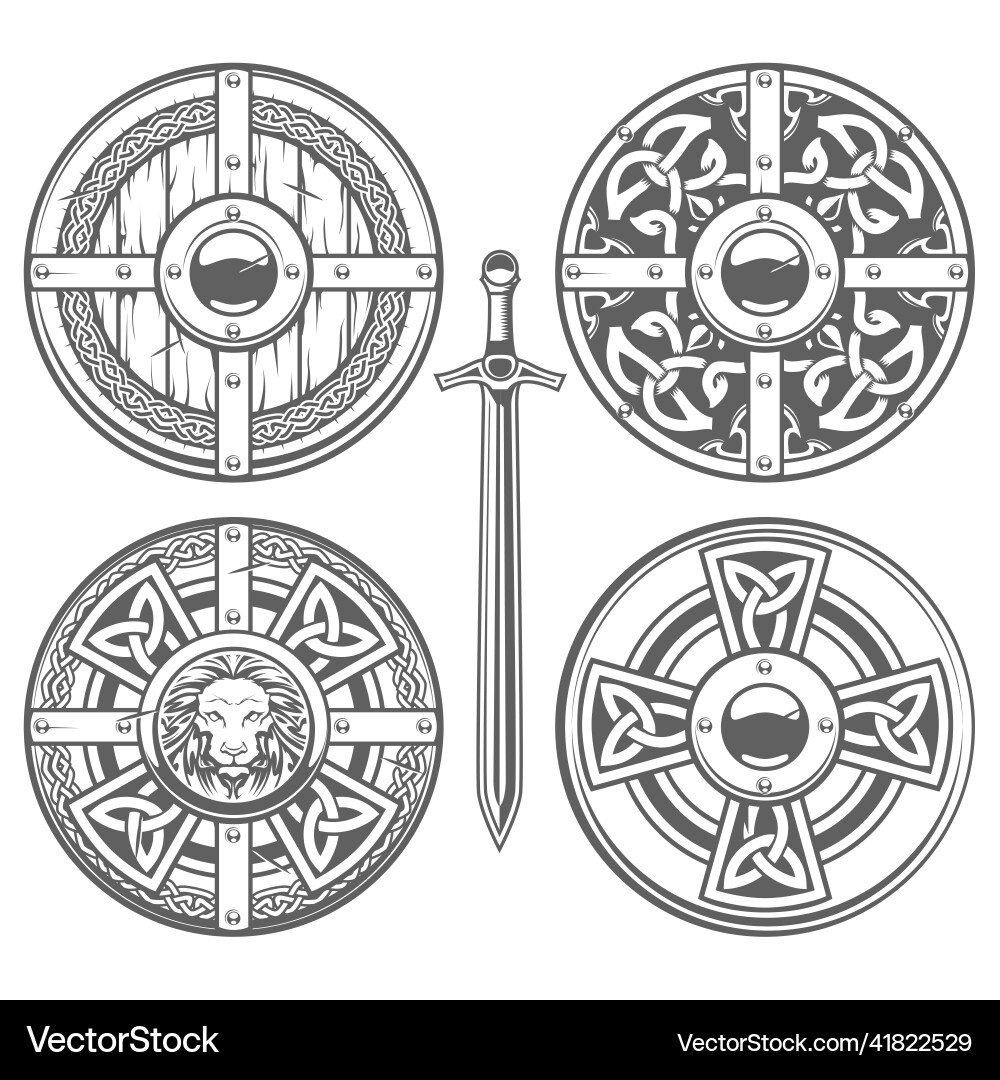 Set of round shields with celtic pattern vector image