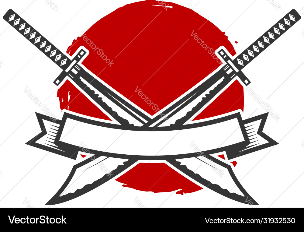 Emblem with crossed katana swords design element Emblem with crossed katana swords design element Vector Image
