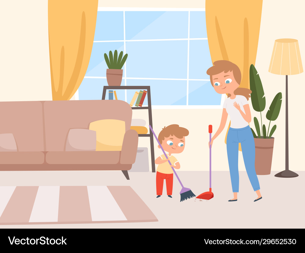 Housework children help kids washing living room Housework children help kids washing living room vector image