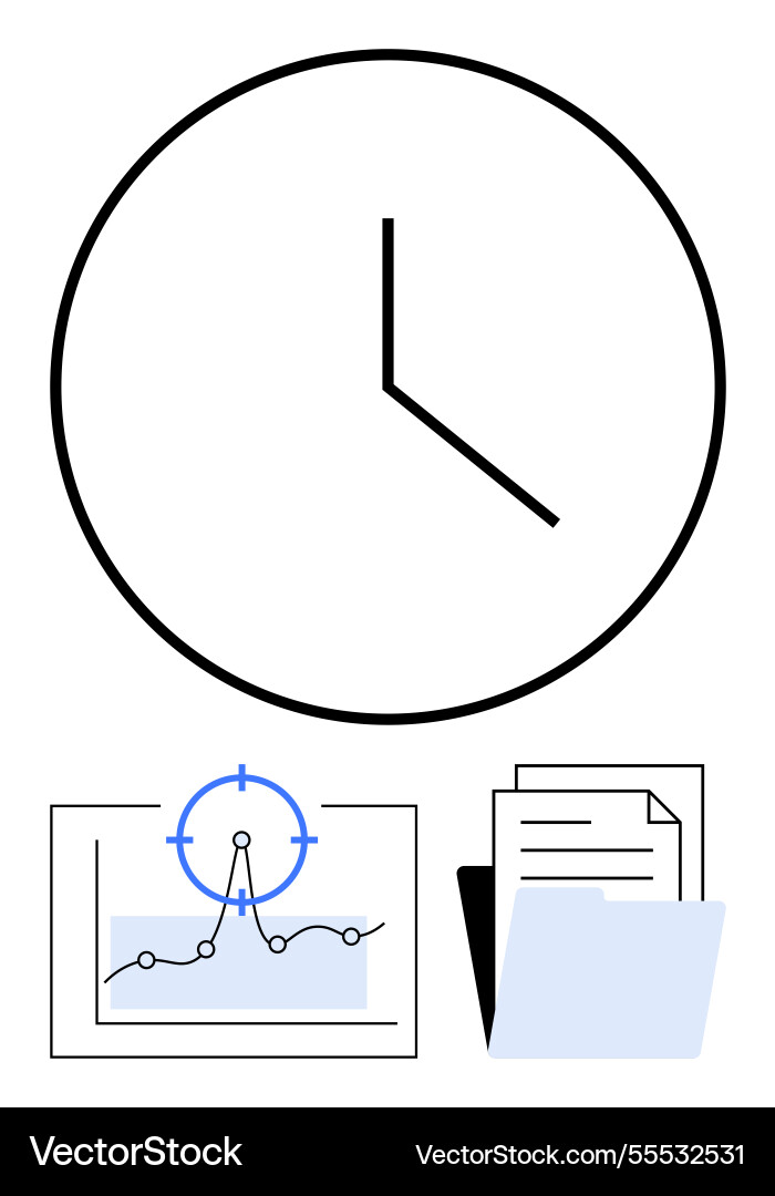 Clock above analytics graph and documents Clock above analytics graph and documents vector image
