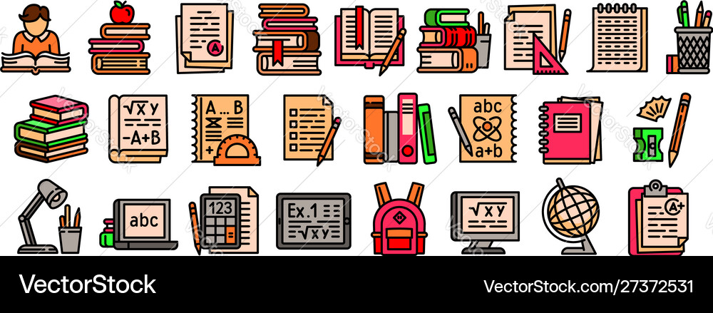 Homework Icon Set - Outline Style Vector Image