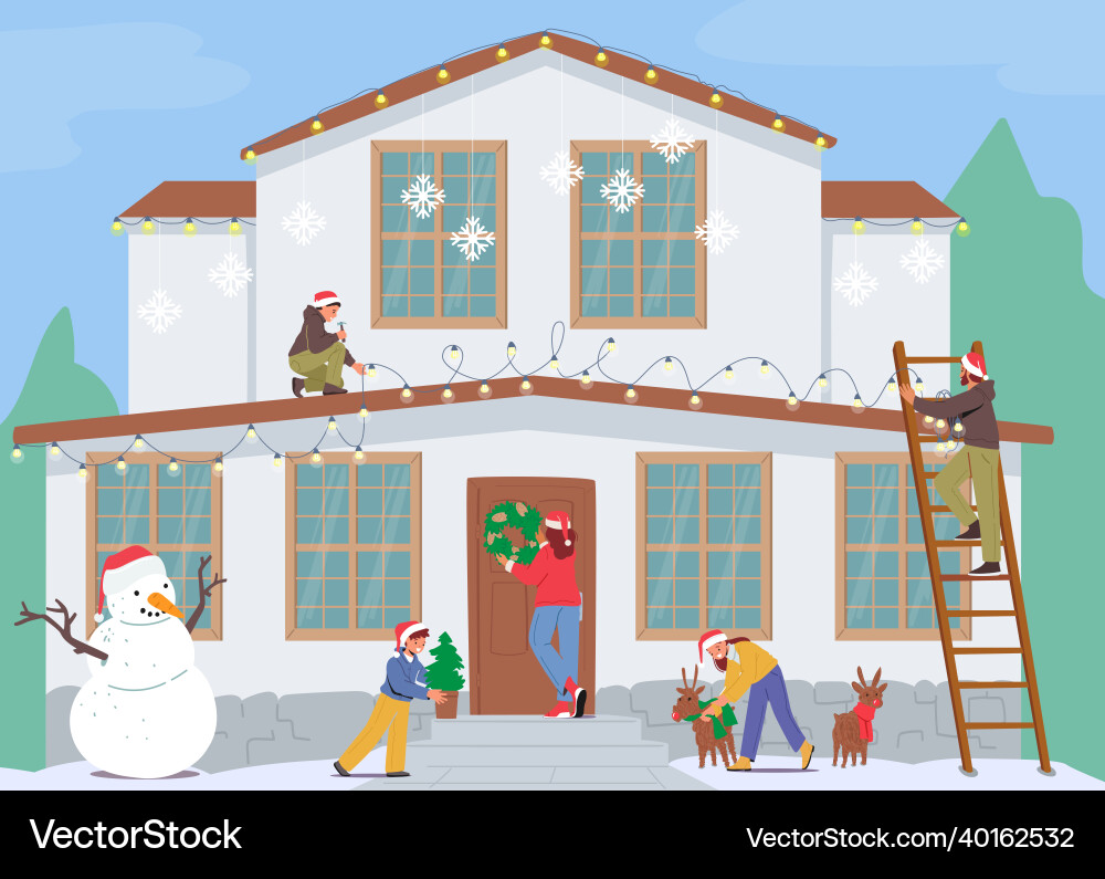 Happy family decorate house for christmas vector image