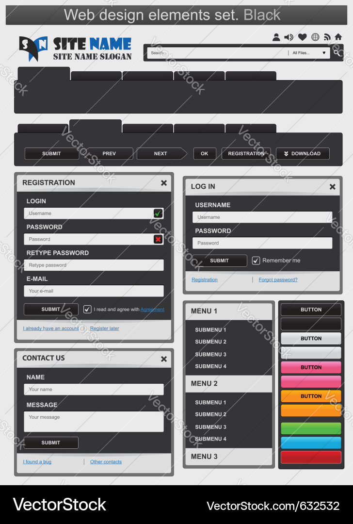 Web UI Elements - Dark Theme vector image