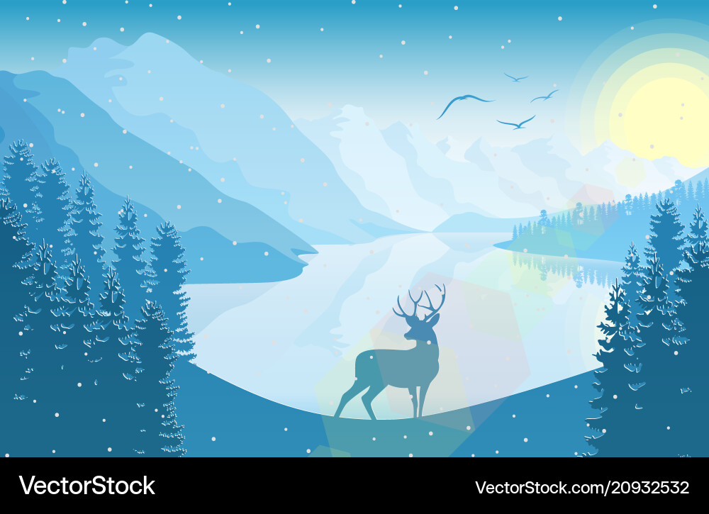 Winter Berglandschaft mit Hirsch und Sonnenaufgang Winter Berglandschaft mit Hirsch und Sonnenaufgang vektorbild
