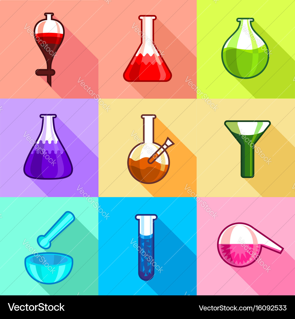 Glass flask icons set flat style vector image