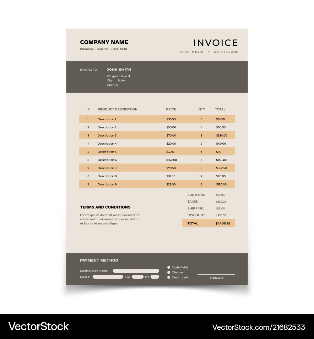 Invoice template bill form with data table Invoice template bill form with data table vector image