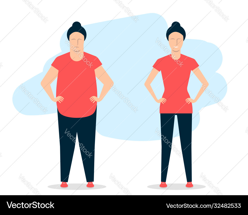 Junge Frau vor und nach der Fitness ein fettes Mädchen Junge Frau vor und nach der Fitness ein fettes Mädchen Vektorbild