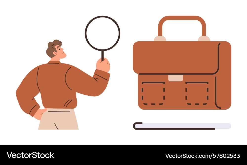 Man with magnifying glass analyzing briefcase Vector Image