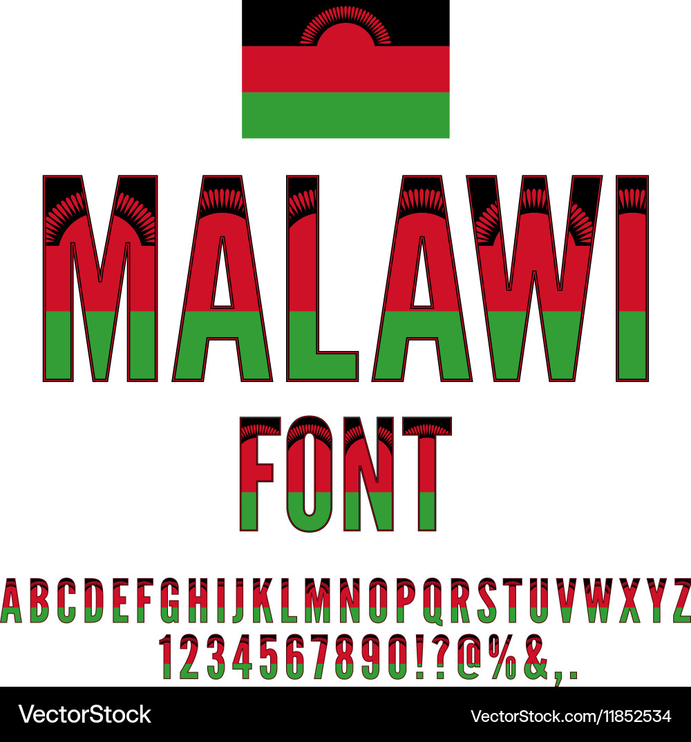 Malawi Flag Font - Alphabet & Numbers Vector Image