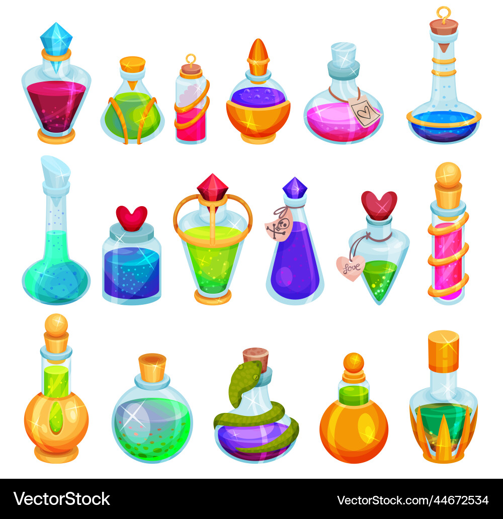 Potion bottles set magic elixir or alchemist Potion bottles set magic elixir or alchemist Vector Image