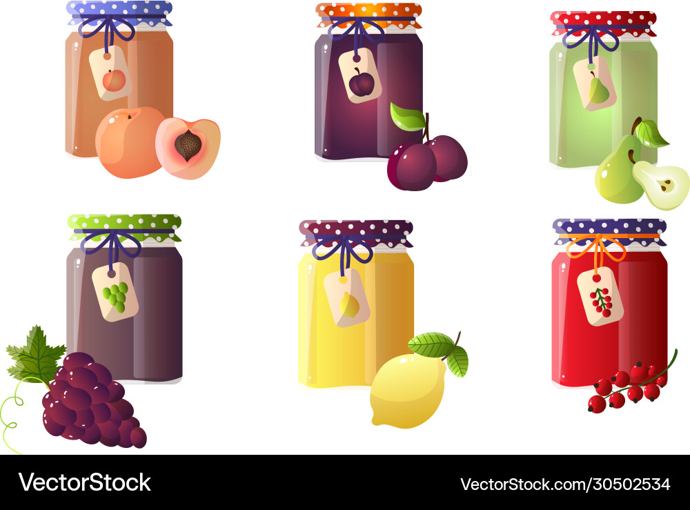 Set different jams in jars with peach plum Set different jams in jars with peach plum vector image