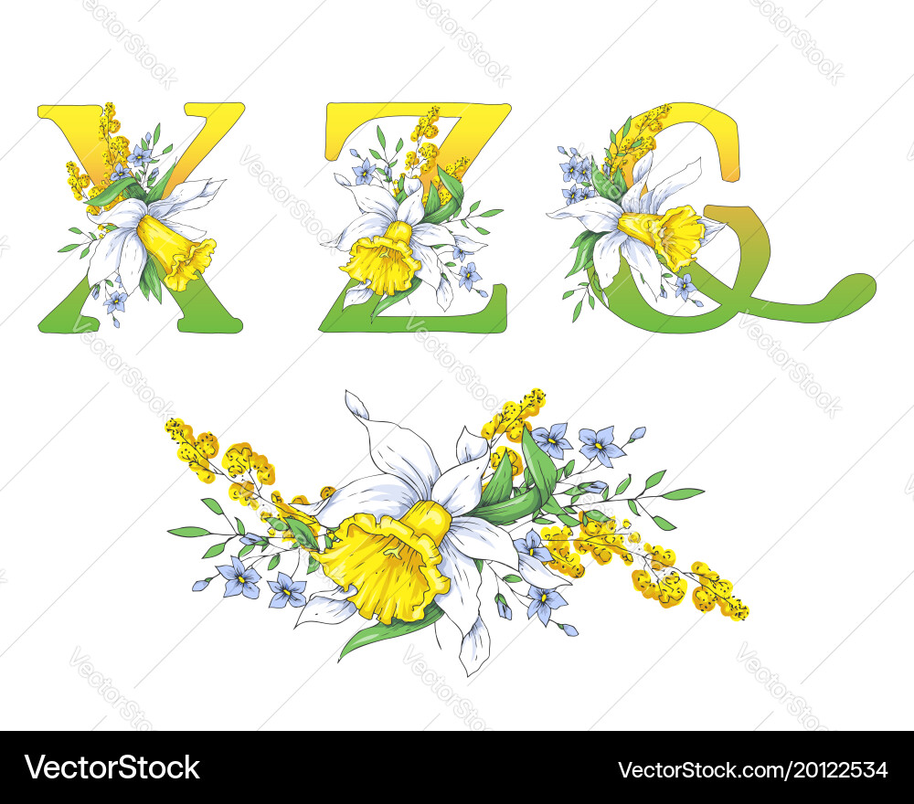 Spring bright letters with daffodils and forget-me vector image
