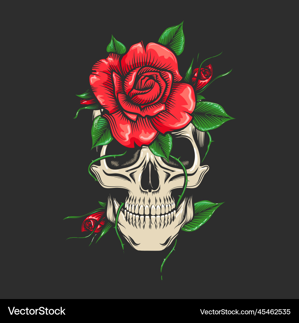 Skull with Roses - Gothic Floral Art Vector Image