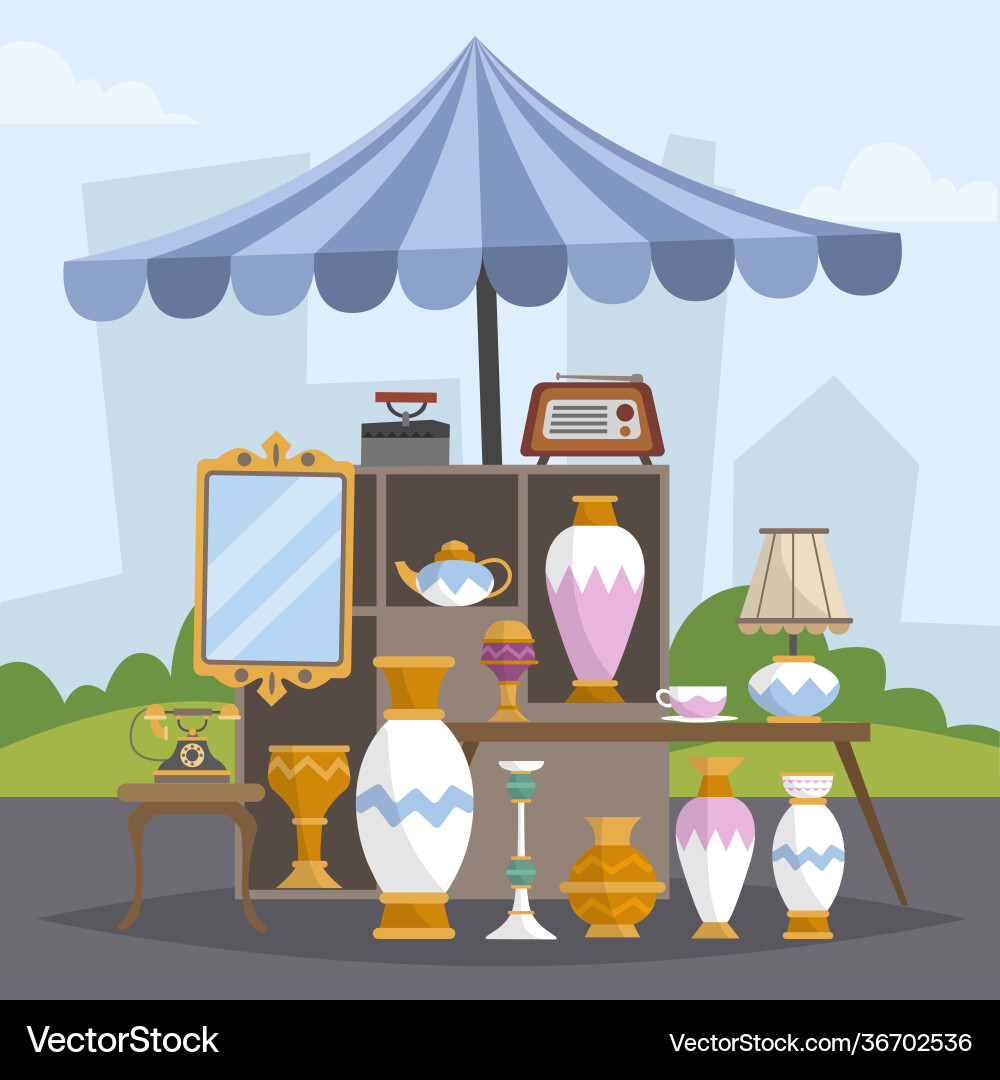 Antique market with different objects Antique market with different objects vector image