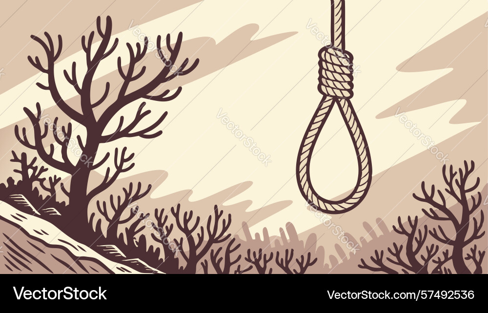Bare tree with a hanging rope loop in an eerie vector image