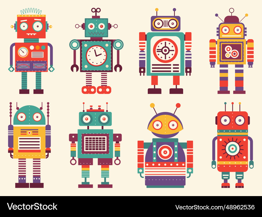 Retro robots and space mechanical toys set Retro robots and space mechanical toys set vector image