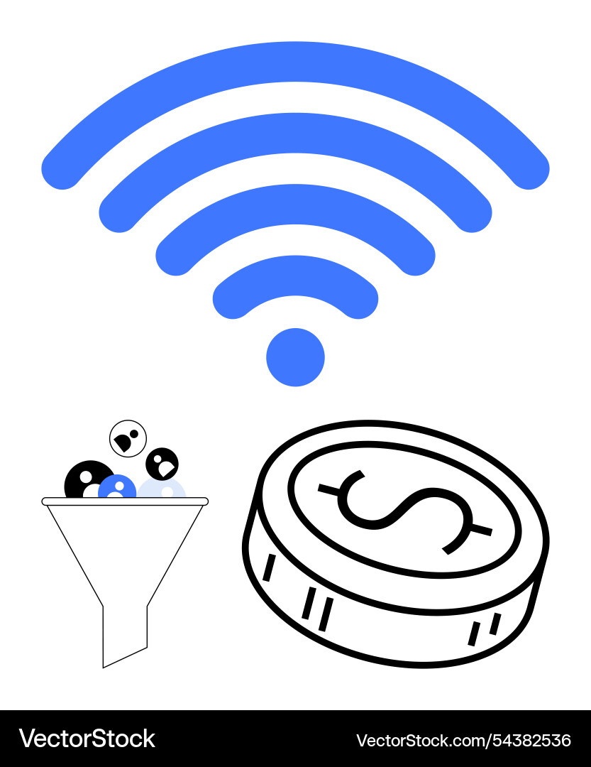 Wireless network concept with funnel and coin Wireless network concept with funnel and coin Vector Image