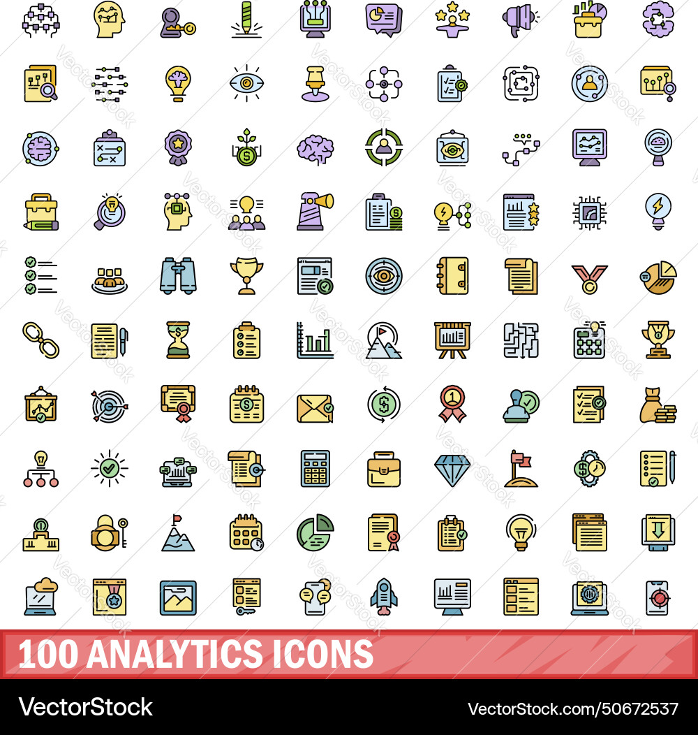 100 analytics icons set color line style 100 analytics icons set color line style vector image
