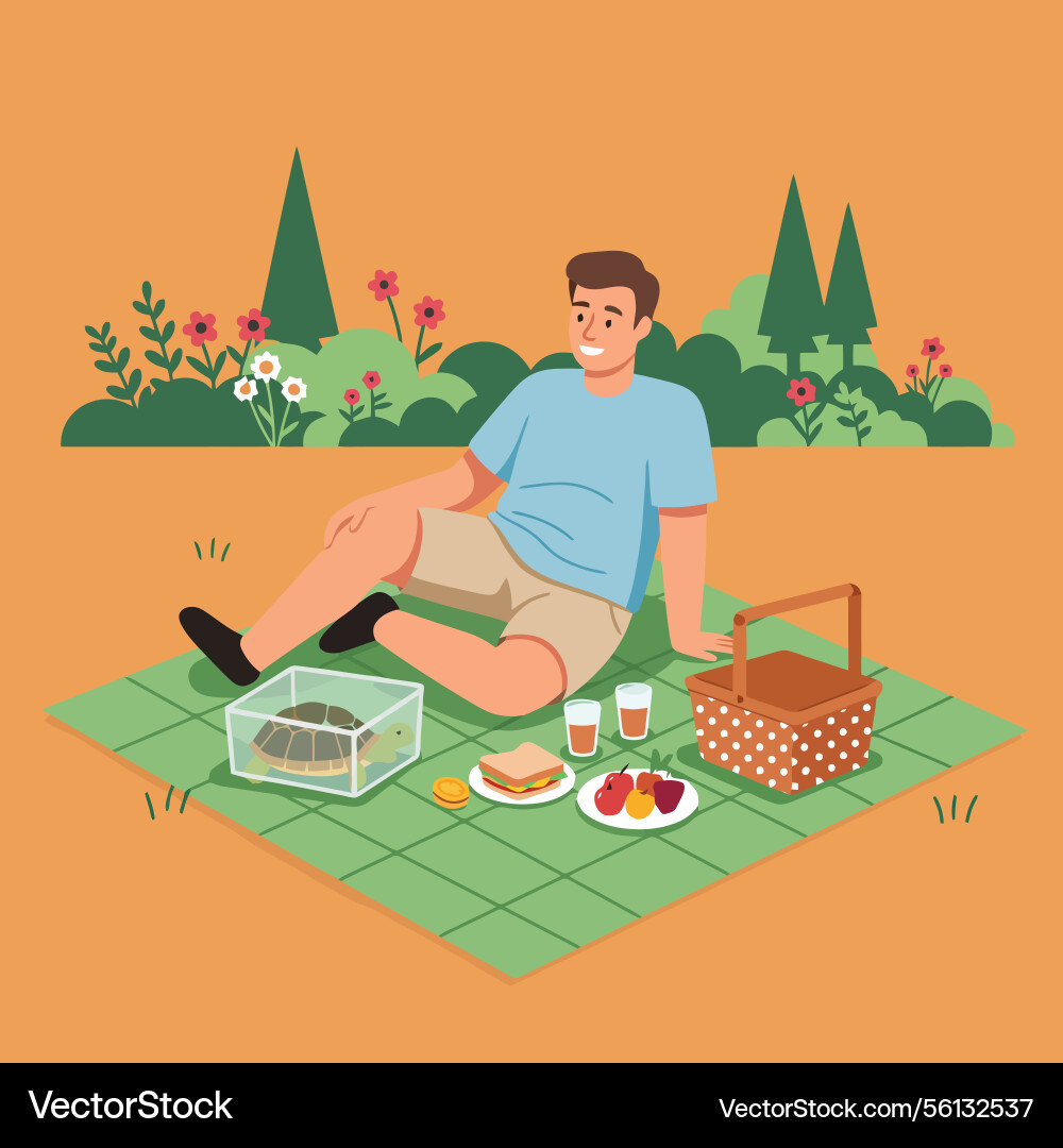 Man enjoying picnic with turtle on blanket Vector Image
