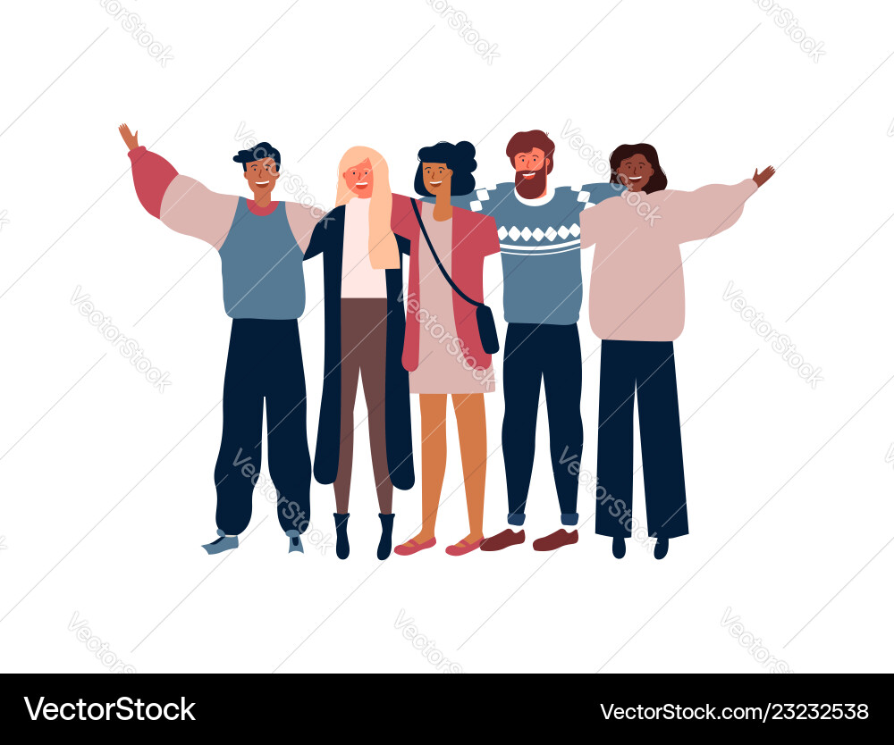 Diverse young people friend group hugging isolated Diverse young people friend group hugging isolated vector image
