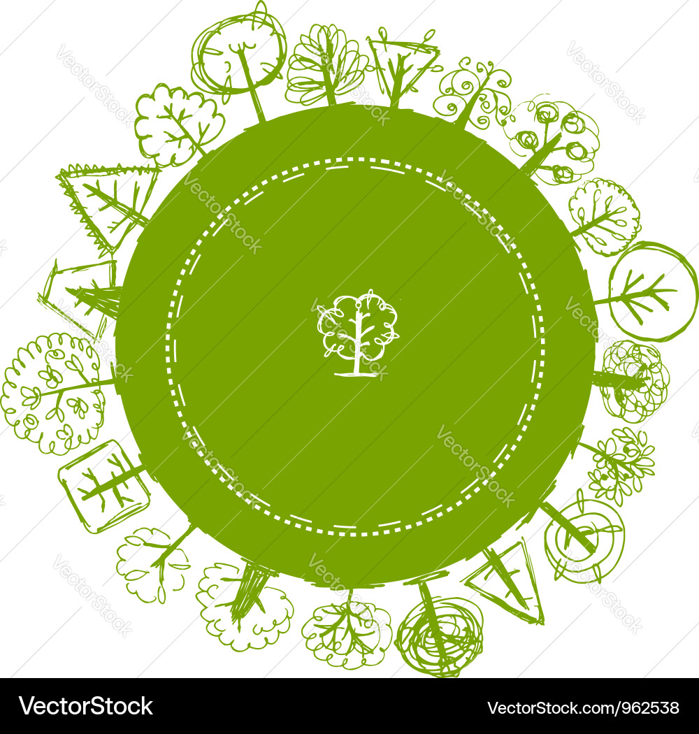 Frame with green sketch of different trees Vector Image