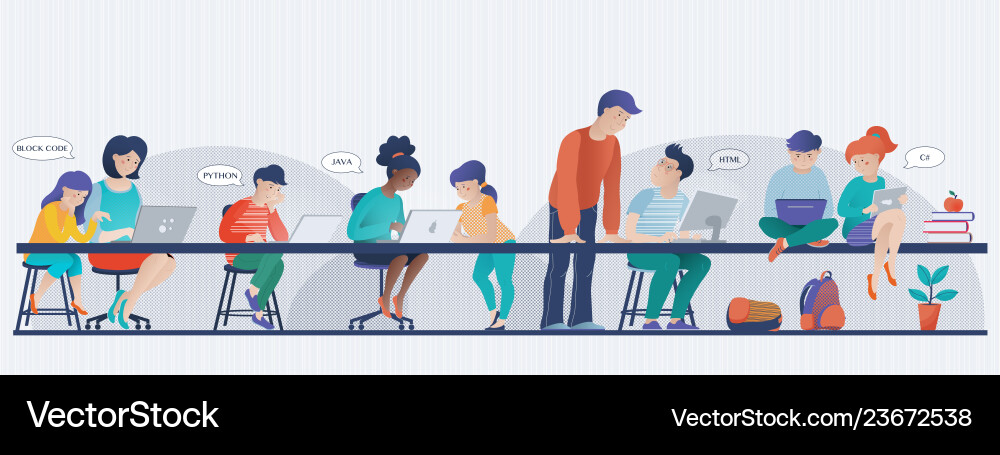 Kids Coding in Classroom vector image
