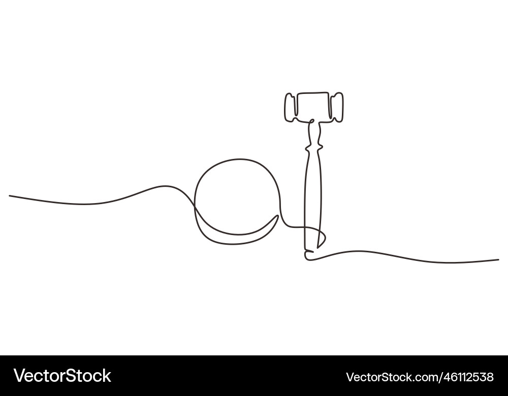 One continuous single line of judge hammer One continuous single line of judge hammer vector image